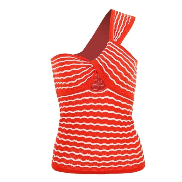 Commense Red Striped One Shoulder Knit Crop Top - size medium - Picture 2 of 7